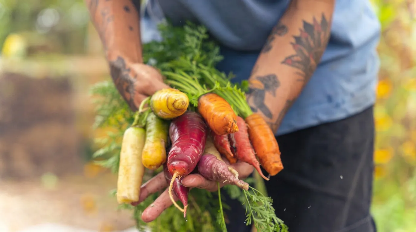 Heirloom carrots freshly pulled from soil